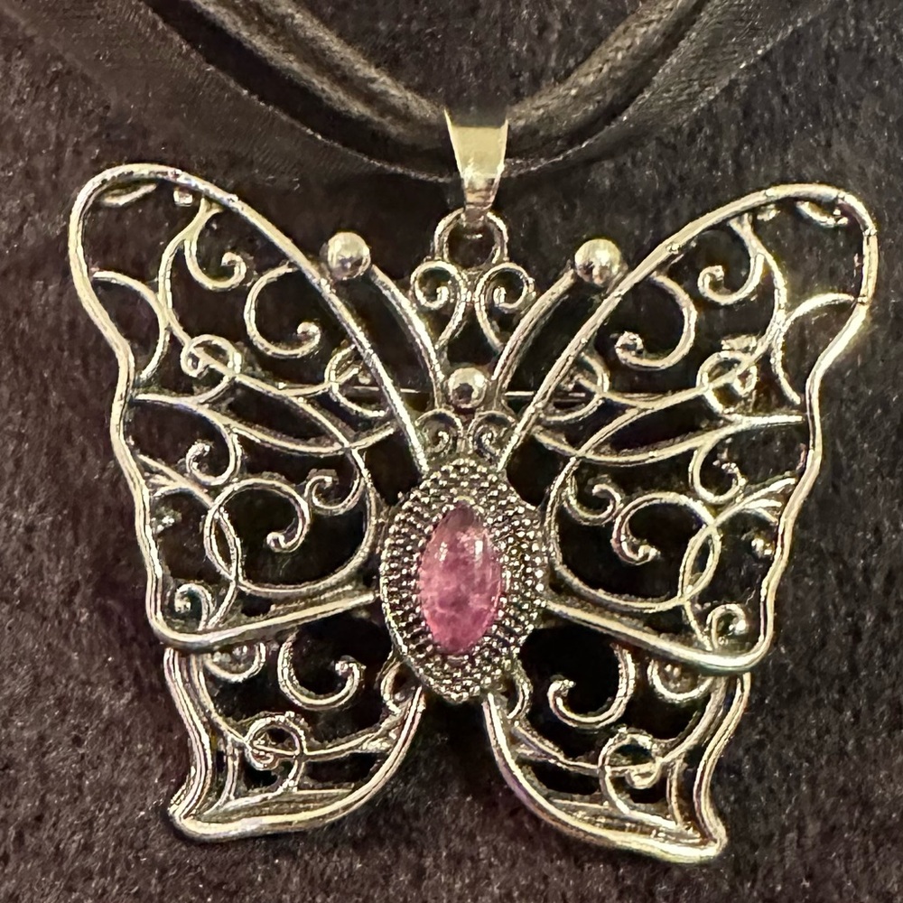 Filigree Butterfly Pendant/Brooch with Pink/Purple Stone in Center